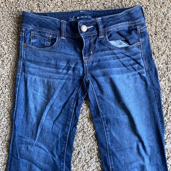 American Eagle Jeans Womens 4 Blue Slim Bootcut Low Rise Frayed Hem Denim 29X30 - Picture 2 of 12